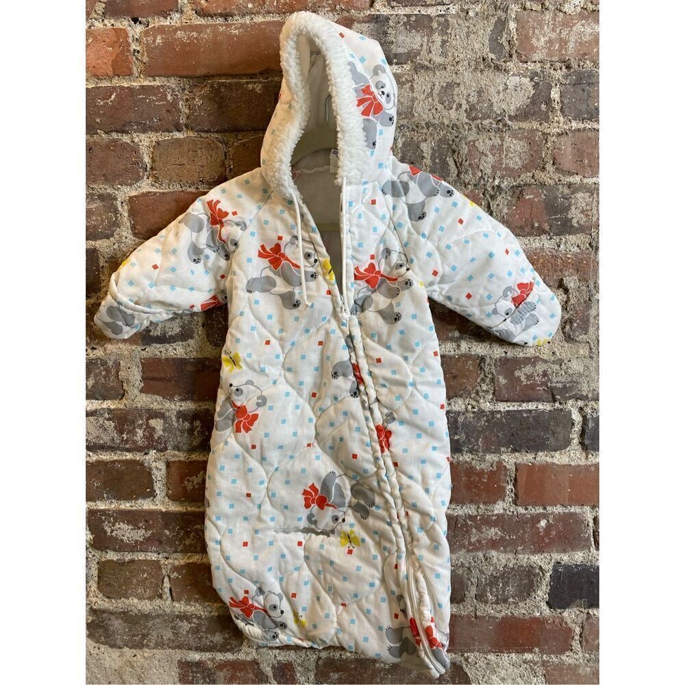 Vintage Quilted Insulated Coat Sleeper Sack White/Red/Gray Panda Bears Baby Size